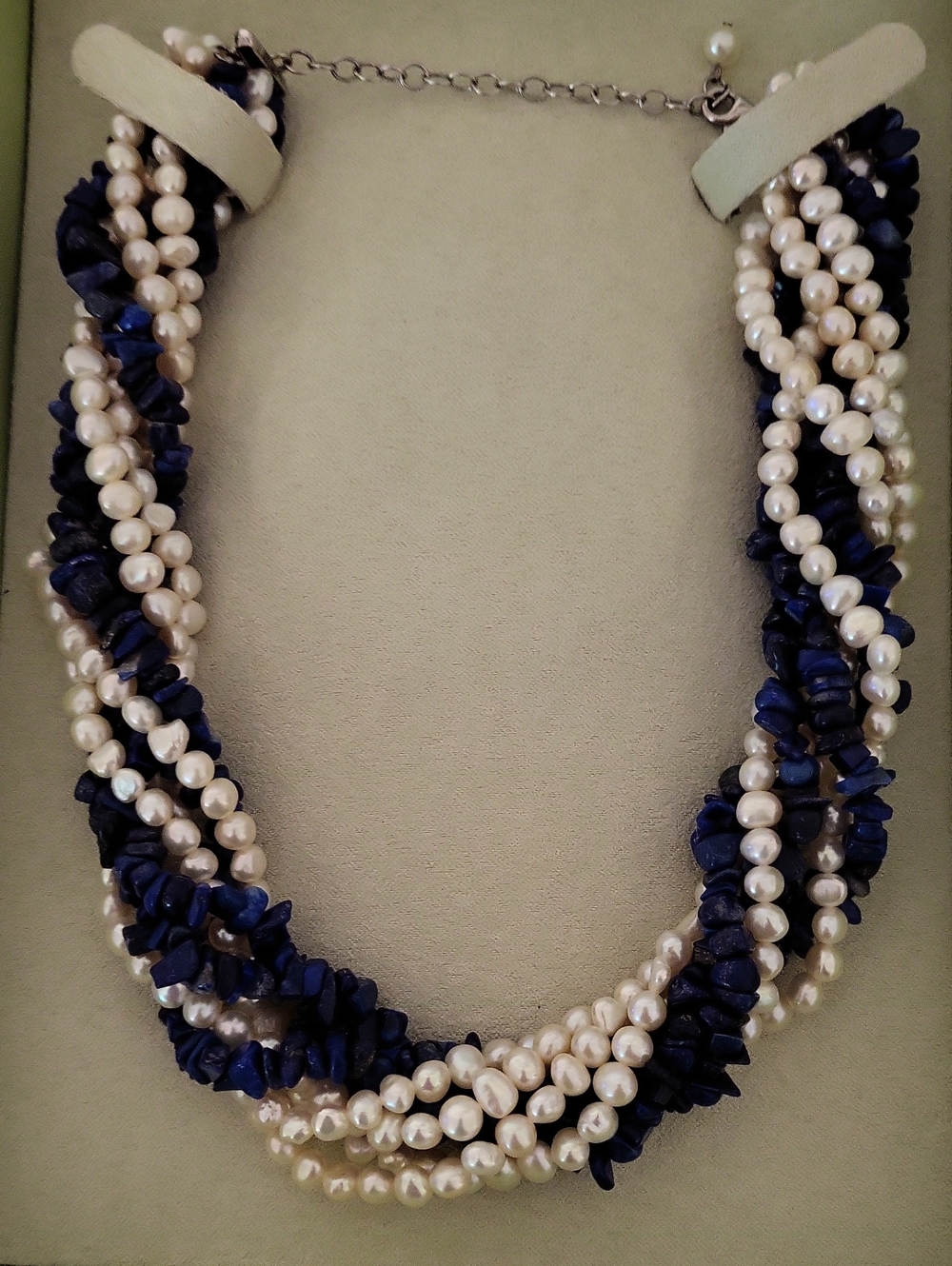 Freshwater Pearl and Lapis Torsade Necklace in Sterling Silver. 18"